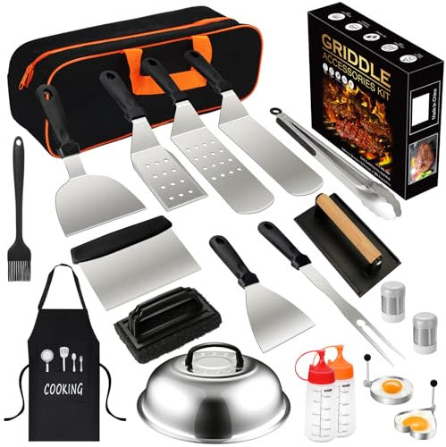 20PCS Griddle Accessories Kit, Flat Top Grill Accessories Set for Blackstone and Camp Chef, Grill Spatula Set with Enlarged Spatulas, Basting Cover, lron Smash Burger Press for Outdoor Barbecue
