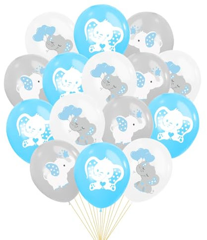 KOBOKO Lot de 15 ballons décoratifs pour fête prénatale garçon - Ballons décoratifs éléphants - Bleu, blanc et gris - Ballons décoratifs pour bébé garçon