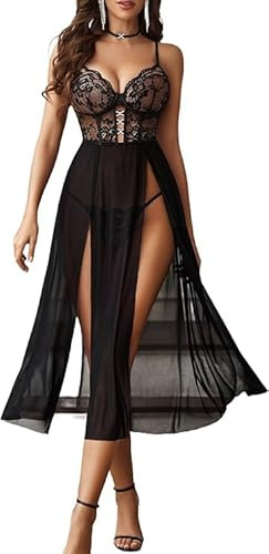 Avidlove Sexiga Underkläder Dam Underkläder Set Spets Underkläder Mesh Babydoll V-ringning Underkläder Bodysuit Nattlinne Lång Sidoslits Nattkläder Negligee, Svart, XXL