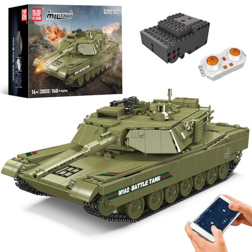 Mould King 20033 Technik M1A2 Panzer Bausteine Modell, Ferngesteuert Tank für Erwachsene und Kinder, Militär Panzer Spielzeug Bausatz mit Fernbedienung und App Dual Control