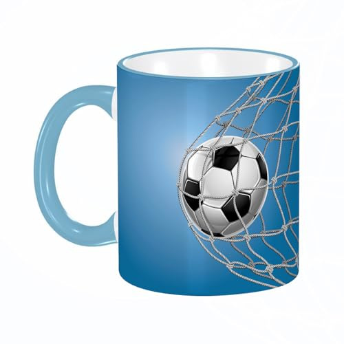 YOIUE Copa de cerámica interesante 11OZ tazas 330 ml - Regalo original y divertido Exquisita taza de impresión Decora tu taza,Balón de fútbol en la red sobre fondo azul
