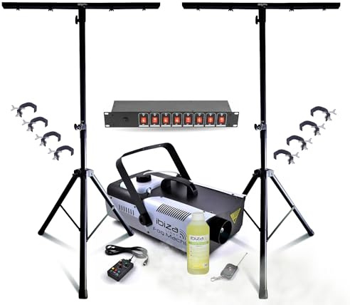MOOVING LIGHT & SOUND - Pack Lumière DJ 2 Pieds Mooving Light ML-SUPPORT-DJLIGHT - 8 Crochets - Machine à Fumée Ibiza 1200W - Dispatching 8 Voies