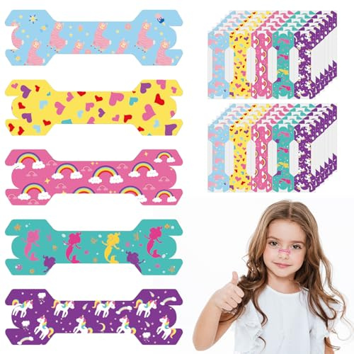 Whemyreat Lot de 60 pansements nasaux mignons pour enfants, pour ronflement, mieux respirer, pour le sport et le sommeil, stripes nasales contre les ronflements
