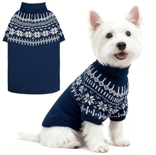 EXPAWLORER Turtle Neck Dog Jumper in Fair Isle Snowflake, Blue M | Cable Knit Dog Clothes Warm Comfortable Puppy Sweater with Sleeves, Winter Pet Outfit Pullover for Dogs Cats