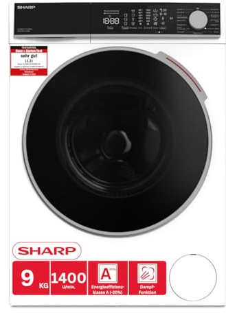 SHARP ES-WNFL914CWDA-DE Machine à laver 9 kg, 1400 tr/min, classe énergétique A (-20%), moteur inverter, AquaStop, AllergySmart, écran tactile LED, Wi-Fi, 15 programmes, blanc
