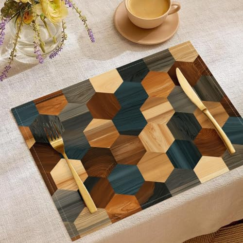 4 Pezzi Sottopiatti Legno A Nido D'Ape, Tovagliette Americane Lavabili, 45X30Cm Tovagliette Marrone Chiaro, Tovaglietta Geometria Rustica In Lino, Adatto A Cucina Soggiorno Sala Da Pranzo