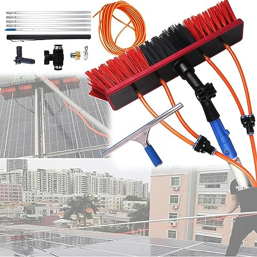 Strumento Per La Pulizia Dei Pannelli Fotovoltaici, Asta Telescopica Portatile Da 5-12m, Tubo Flessibile Da 20m + Tergicristallo Da 35cm, Per La Pulizia Dei Vetri Di Edifici Alti,30cmBrush-10m