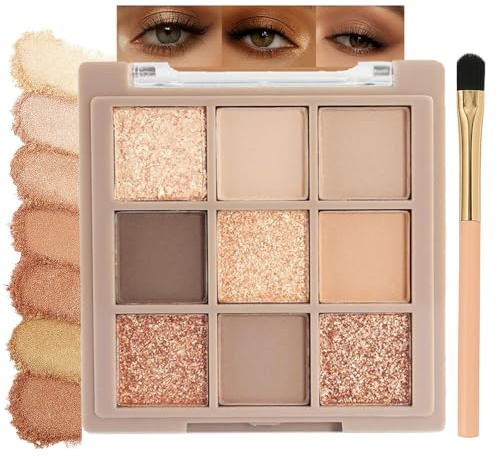 9-Color Eyeshadow Palette with Matte and Shimmer Shades – Long-Lasting Waterproof Formula, Highly Pigmented and Smooth Blendable Texture, Includes Brush, Ideal for Smokey, Natural, or Everyday Looks