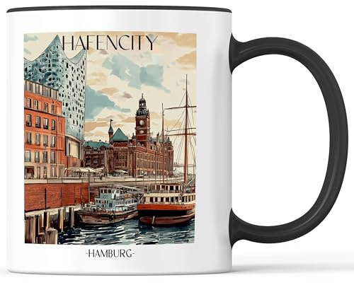 favplace Tasse mit Städtemotiv Hafencity Hamburg Kaffeebecher - Geschenkidee bzw. Geschenk für Fernweh oder Heimat - Reise Kaffeetasse 330ml Schwarz