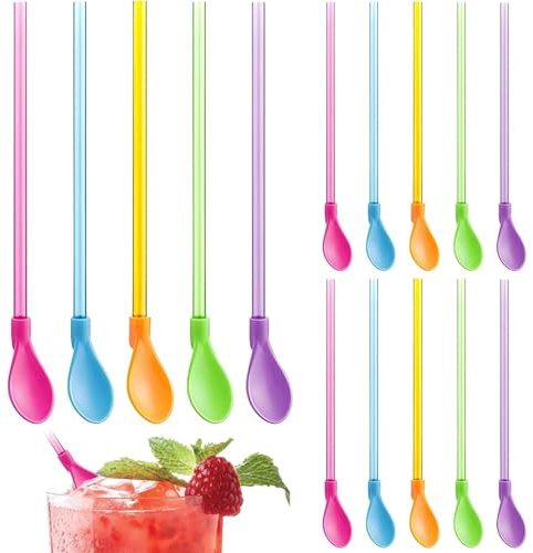 15 pajitas con cuchara, pajitas y cucharas 2 en 1 reutilizables, pajitas de colores, cucharas para cócteles, batidos, té con leche