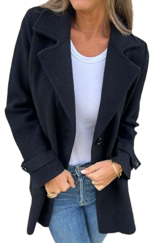 Trench da donna, lunghezza media, cappotti in lana per donna, trench classico da donna per autunno inverno, giacca blazer, Nero , M