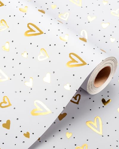 Wikadlik Geschenkpapierrolle mit goldenem Herz, 43 cm x 10 m, Geschenkpapier für Valentinstag, Jahrestag, Muttertag, Hochzeit