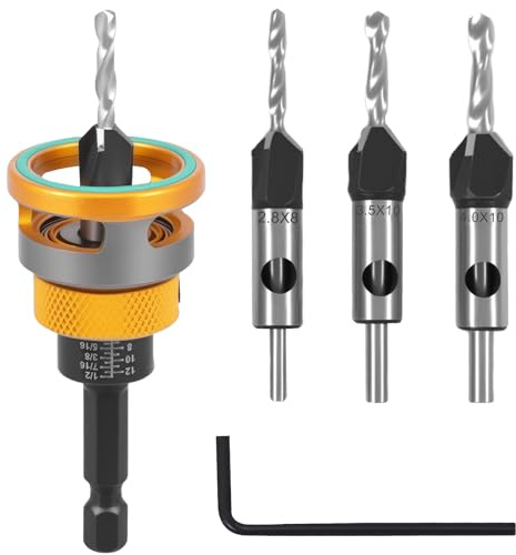 Juego de 4 brocas avellanadoras cónicas con tope de profundidad, 2,8 – 4,0 mm, ultra inoxidable, vástago hexagonal de 1/4 pulgadas, HSS-M2, broca avellanada para madera, punta de 90°, incluye parada
