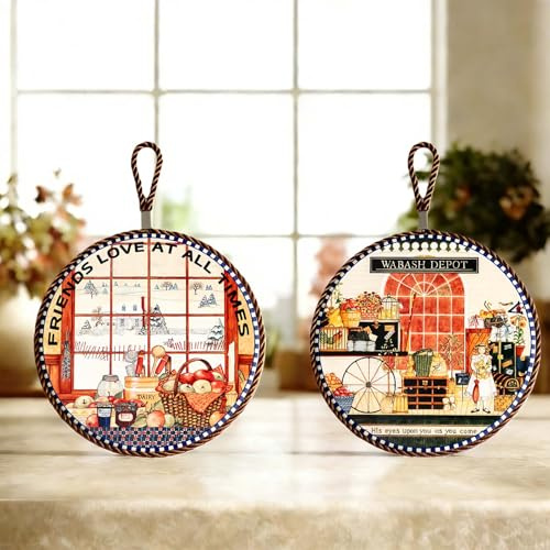 Set 5 sottopentola in ceramica con base in sughero e cordino, presine tonde vintage, adatte per pentole/ciotole/mestoli/bacini/tazze/e pirofile, decorazione cucina (17 cm) (Pittura classica)