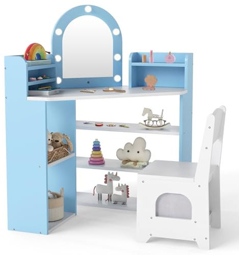 COSTWAY Toeletta Trucco per Bambini 3+ Anni con Luci, Tavolo Trucco e Sedia Principessa con 3 Mensole Portaoggetti, 5 Scomparti Aperti e Accessori Inclusi, Set Mobile per Cameretta Bambina