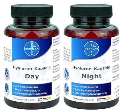 Hyaluron-Kapseln Day & Night [je 100 Kapseln] - reine Hyaluronsäure | Ohne Zusätze 250 mg Hyaluron je Kapsel | HERRLAN-Qualität I Made in Germany