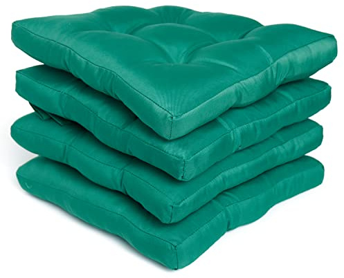 Rohi Pack of 4 Luxury Chair Pads with Ties – Water Resistant Garden Seat Pads for Dining Chairs – 5cm Thickness Quilted Design Chair Cushions – 38x38x5cm (Green)