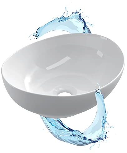 STARBATH PLUS - White Ceramic Washbasin - Oval Shape - Measures 41 x 33 x 15 cm - Ideal for Countertop Bathroom Furniture and Toilets