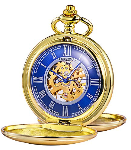 TREEWETO Unisex Taschenuhr mit Kette Analog Handaufzug glatt Doppelscharnier Römische Ziffern Gold Blau
