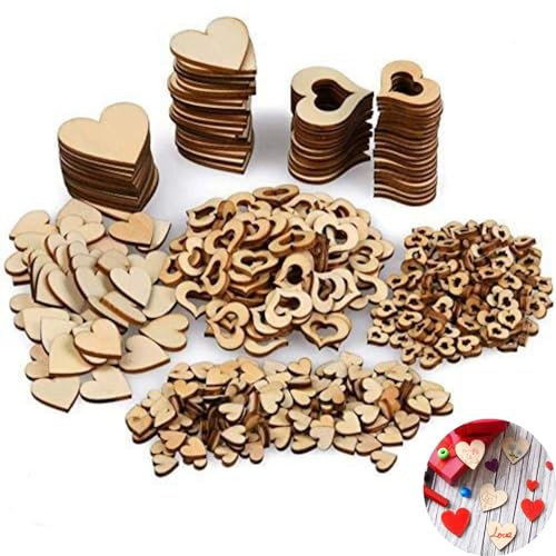 TOKERD 500pcs Coeur en Bois Petit 10mm, 20mm, 30mm, 40mm Creux Embellissement pour Nature Decoration de Table Mariage Confettis DIY Scrapbooking
