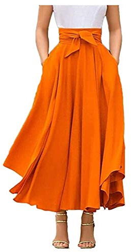 Jupe Plissée Taille Haute Maxi Jupe Longue Femme A-Ligne Elégante Irrégulière Vintage Retro Swing (Orange, 2XL)
