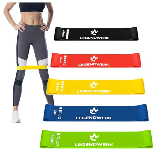 Legendwerk® Set med 5 Resistance Hip Bands - Premium fitnessband i olika styrkor - Resistance bands för fitness, träning och rehabilitering - färgglada öglor (blå. gul. svart. röd. grön)