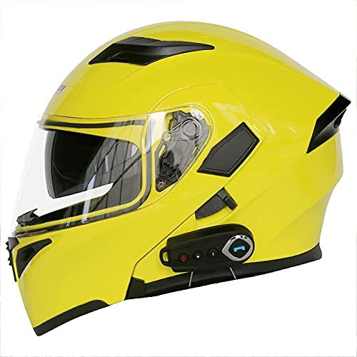 Casco Motocicleta Casco Modular Abatible Con Bluetooth Doble Visera Casco De Ciclomotor De Cara Completa Casco De Protección Para Scooter Aprobado ECE,Amarillo,XL