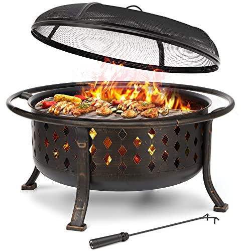 SINGLYFIRE Braciere da 91,4 cm, per esterni, grande braciere a legna a trama incrociata, resistente, in acciaio bronzo, per patio, cortile, giardino, con griglia per barbecue, parascintille, griglia,