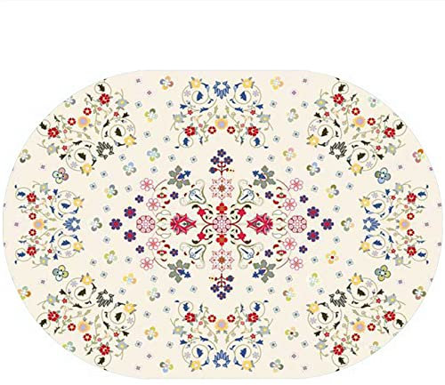 Rururug Teppich Oval Moderner Läufer Orientteppich Kurzflor Flur Schlafzimmer Küche Wohnzimmer rutschfest Waschbar, Grauweißes, rotes, gelbes und blaues Muster Oval 80 x 150 cm