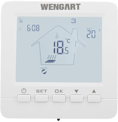 Wengart Digitaler Raumthermostat für elektrische Fußbodenheizung | 16A programmierbar | Touchscreen-Display mit weißer Hintergrundbeleuchtung | inkl. 3m Bodensensor | Unterputz-Montage | WG02B05