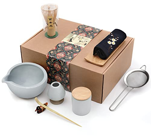 Artcome Juego de 9 piezas de té matcha japonés, cuenco de matcha con boquilla de vertido, batidor de matcha, soporte de batidor de cerámica, cuchara de té, organizador de polvo de matcha, kit de caja