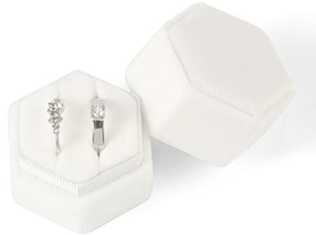 KINBOM Scatola Anelli Matrimonio, Scatola Anelli Esagonale in Velluto a Coste 2 Fessure con Coperchio Staccabile per Proposta di Fidanzamento e Matrimonio, Anello Non Incluso (Bianco)