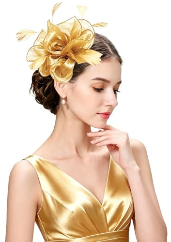 ELLYDOOR 1 Chapeau Bibi pour Femme avec Pince à Cheveux en Plumes et Fleur pour Mariage, thé, fête, Derby, Course, 10 doré, 1 pièce