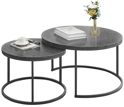 Ginhow Tavolino Salotto Moderno con Cornice Grigia, Tavolo Rotondo con Effetto Marmo, Tavolo Soggiorno Grigio, Coffee Table 2 Pezzi, Larghezza 80cm + 60cm
