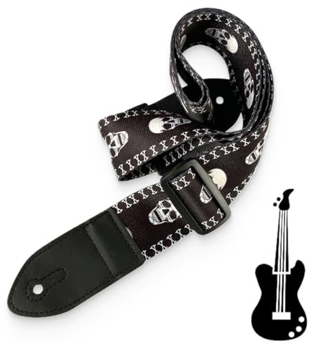 Gitarrengurt/Bass Gurt, Polyester Tragegurt für Akustik/ElektroGitarre oder Bass Inclusive Halter und Coolem Totenkopf-Design, 5cm Breit, Länge von 82 bis 130cm Verstellbar