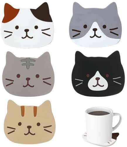 Untersetzer Silikon 5 STK. Katze rutschfest hitzebeständig Set Deko | lebensmittelecht, spülmaschinenfest, wiederverwendbar, 5 Designs, Katzen-Motive, für Kaffee, Tee & Heißgetränke, Küche & Deko