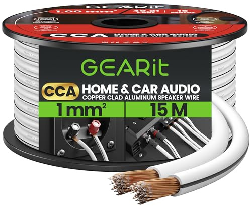 GEARit 18 Gauge Speaker Cable 15m, Flexible 2x1mm² Speaker Wire with Polarity Markings, 18AWG CCA Audio Cable for In-Wall Home Cinema, Car Audio Stereo, HiFi Surround Sound (White)