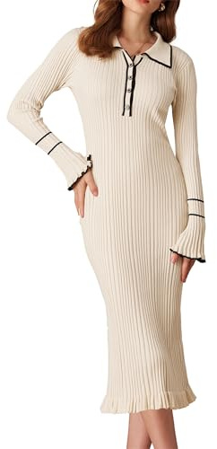 GRACE KARIN Damen Slim Fit Maxi Pulloverkleid Langarm Kontrastfarbe Polo-Kleid Elgant V-Ausschnitt Festliche Freizeitkleider Aprikose XL
