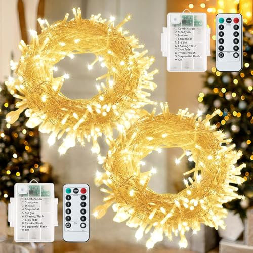 [2 pezzi] 60 luci a LED a batteria per Natale, 7 m/8 modalità, IP65 impermeabile con timer e telecomando, decorazione per feste (bianco)