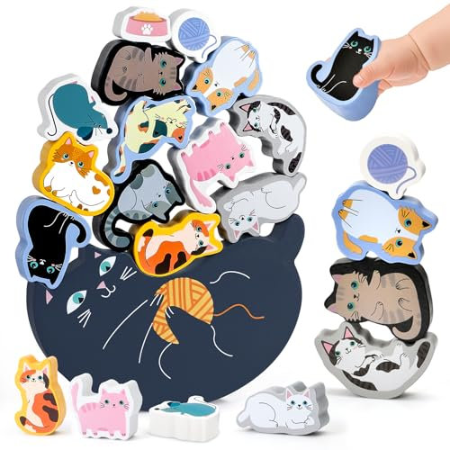 Atoylink Montessori Holzspielzeug ab 2 3 4 5 Jahren Stapelspiel Stapelspielzeug Tiere zum Stapeln Bausteine Balancespiel Holz Motorikspielzeug Katze Spielzeug Lernspielzeug Geschenke für Kinder