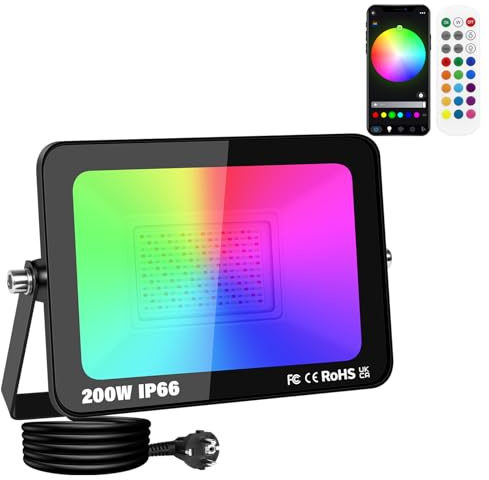 SKYWORLD 200W RGB LED Strahler mit APP Steuerung, 20000LM RGBW Strahler | Farbwechsel Flutlicht, Smart Dimmbar Timer Bunt Fluter mit Stecker Wasserdicht für Party Garten Baum Landschaft Disco Feiern