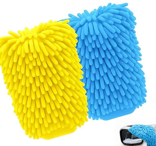 Aifrymne Microfiber Car Wash Mitts - 2 Pack, Ultra-Soft Dual-Sided Chenille Microfiber Cleaning Gloves, Scratch-Free, Lint-Free for Cars, Motorcycles, Furniture, Blue & Yellow