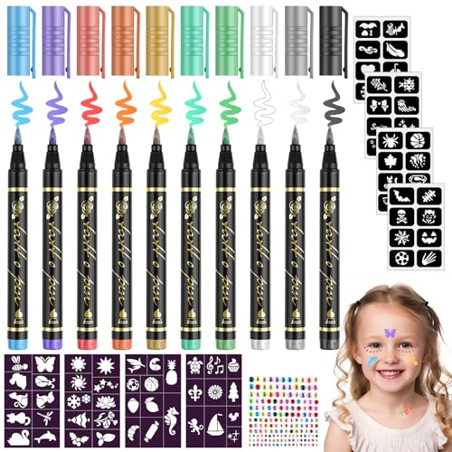 Glitter tatuering set barn tatuering pennor barn hudvänlig 10 färger hudpennor med stenciler och klistermärken gåva för flickor 3–8 år lämplig för födelsedag barnens dag gåva halloween fest