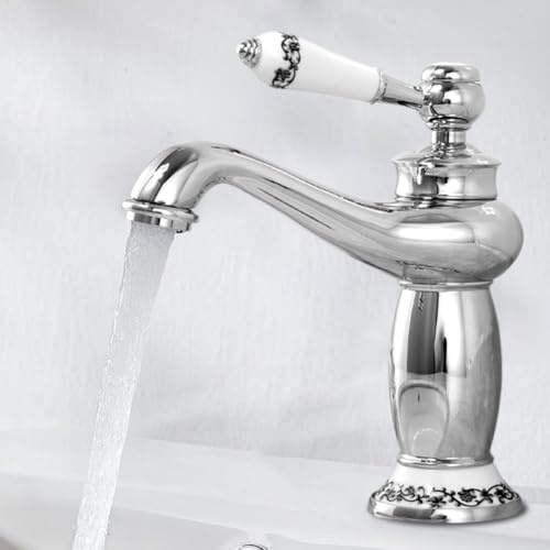 Robinet Salle de Bain Rétro, Robinet Salle Bain Laiton, Monocommande Mitigeur Lavabo, Rétro Mitigeur Cou Vintage Floral, Chaude et Froide Réglable, Pour WC, Cuisine (Argenté)