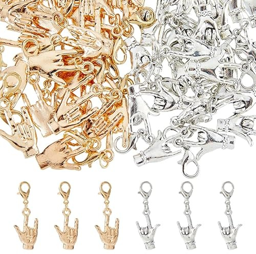 SUPERFINDINGS 48Pcs 2 Colors I Love You hand Charms Clip On Charms Hand Sign Language Charm Pendant Alloy Dangle Pendants with Lobster Clasps Zipper Pulls