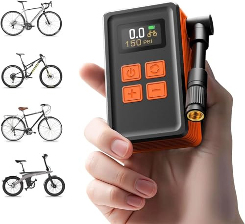 Mini Bicycle Pump with Gauge, Max 150PSI Electric Bike Pump with Presta & Schrader Valve, 4X Faster, Auto Stop, Brushless Motor, Upgraded Portable Bike Tire Pump for E-Bike, MTB, Road Bike, Ball, etc