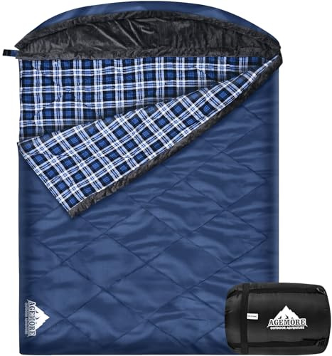 AGEMORE Doppelschlafsack für Erwachsene Baumwolle Flanell 2 Person Schlafsack für Kaltes Wetter Camping, Queen Size wasserdicht Deckenschlafsäcke mit Fleece Futter Kapuze, 3-4 Jahreszeiten