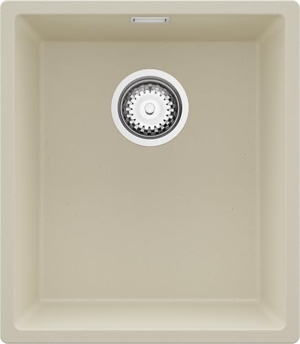 PRIMAGRAN Fregadero bajo Encimera al Mueble 45cm + Kit de desagüe, 41x47cm | Set: Kit de desagüe (sifón, válvula, rebosadero) + London 1 Seno para Cocina, Beige