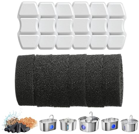 Invengo Filtros de Repuesto para Fuente de Agua para Gatos, 6 filtros de Carbono y 6 esponjas de Espuma compatibles con Fuentes de Agua para Mascotas de la Serie Invengo MeowFlow
