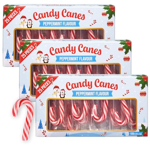 Mini cannes de bonbon – Lot de 3 paquets (25 pièces de 4g) – goût menthe poivrée – décoration de Noël, calendrier de l’Avent, Saint-Nicolas, friandises de fête & petits cadeaux sucrés